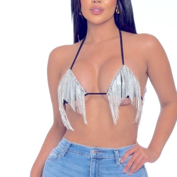 Dazzling Rhinestone Embellished Black Triangle Cascading Bikini Top Bustier - Picture 2 of 5